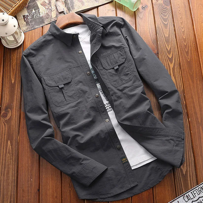 Otoño Hombre Camisa Cargo Militar Poliéster Manga Larga