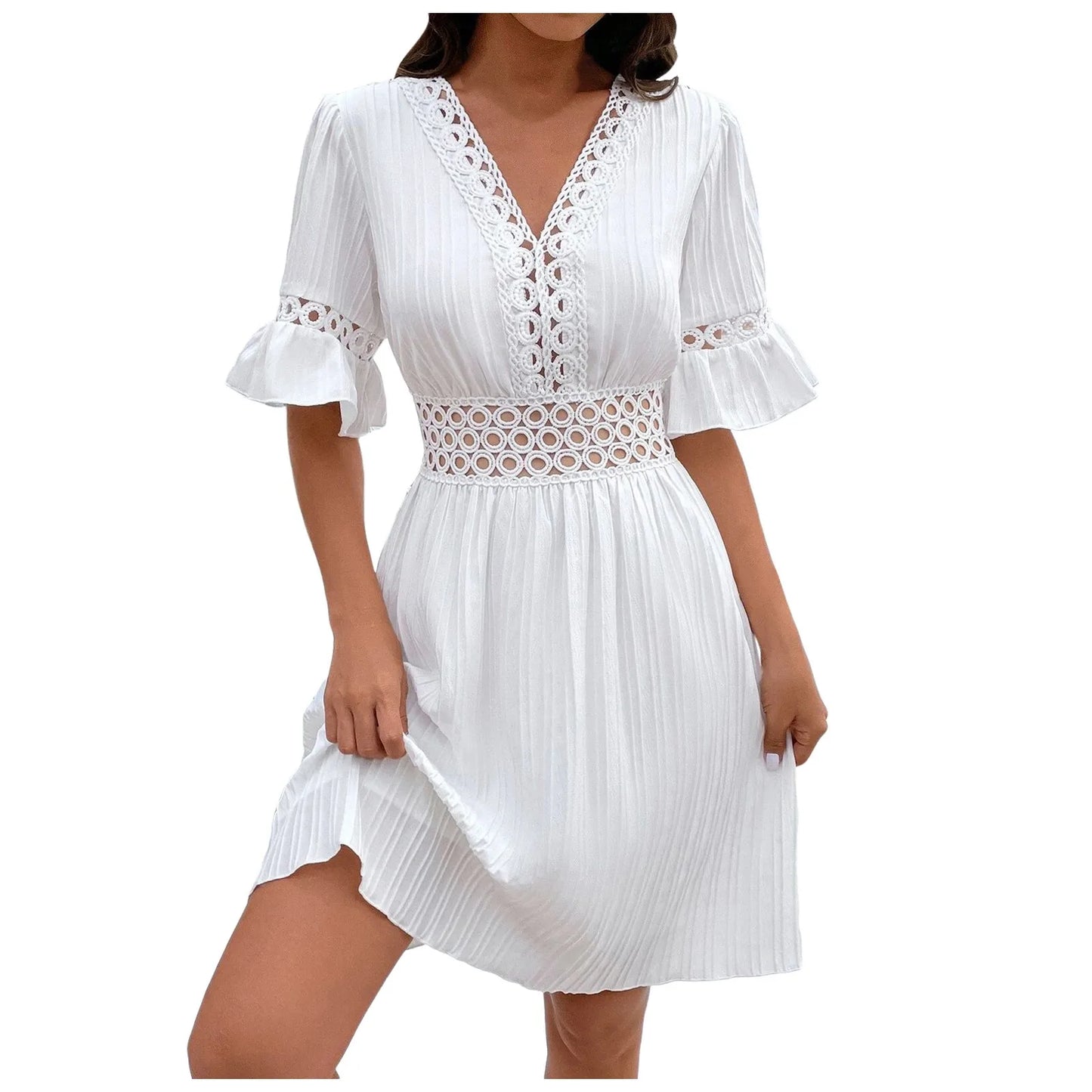 Vestidos de mujer con cuello en V de verano Vestido de cintura alta con volantes Vestido de cintura alta Elegante vestido casual femenino de color sólido Vestidos de encaje