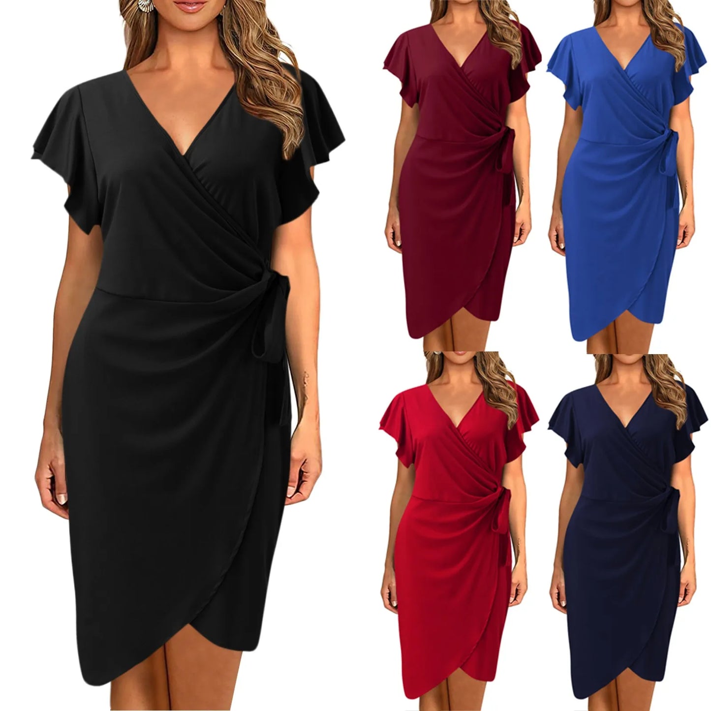 Summer Bodycon Dress Cocktail Faux Wrap Dresses Deep V Neck Ruffle Sleeve Ruched Party Work Formal Wedding Sexy Dress For Women