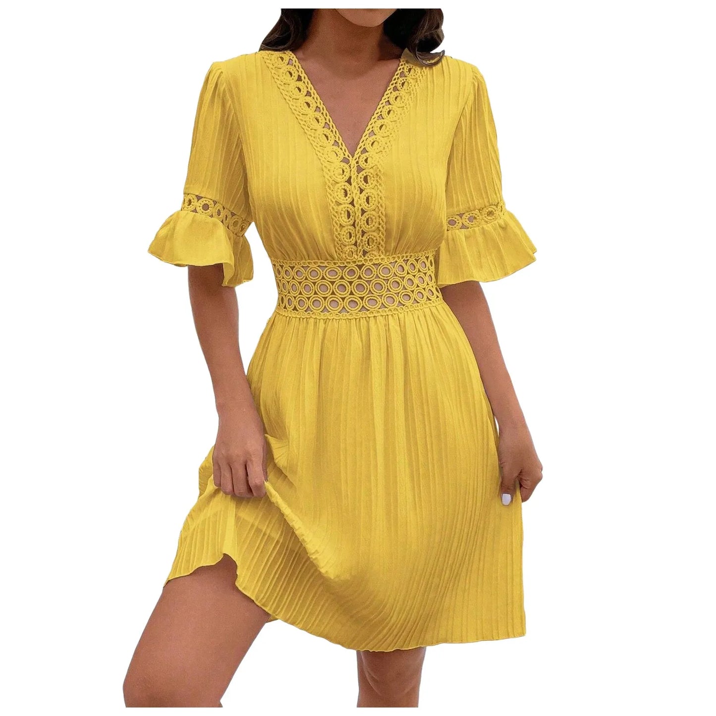 Vestidos de mujer con cuello en V de verano Vestido de cintura alta con volantes Vestido de cintura alta Elegante vestido casual femenino de color sólido Vestidos de encaje