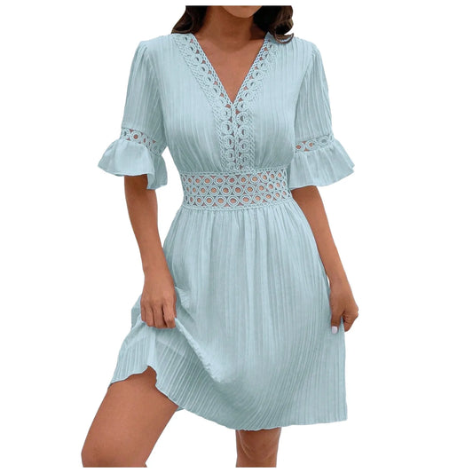 Vestidos de mujer con cuello en V de verano Vestido de cintura alta con volantes Vestido de cintura alta Elegante vestido casual femenino de color sólido Vestidos de encaje