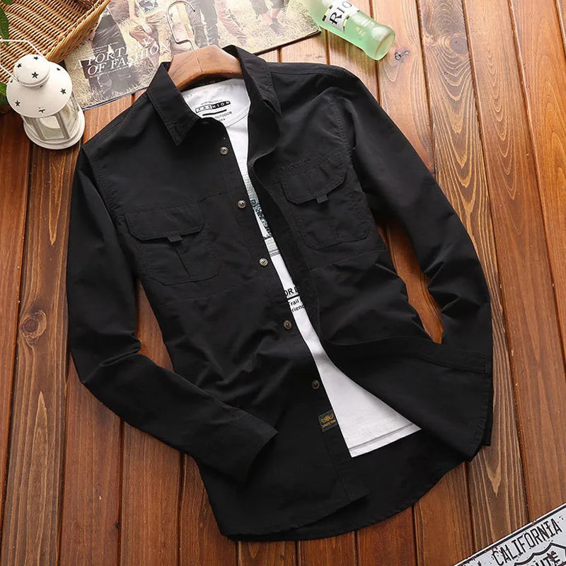 Otoño Hombre Camisa Cargo Militar Poliéster Manga Larga