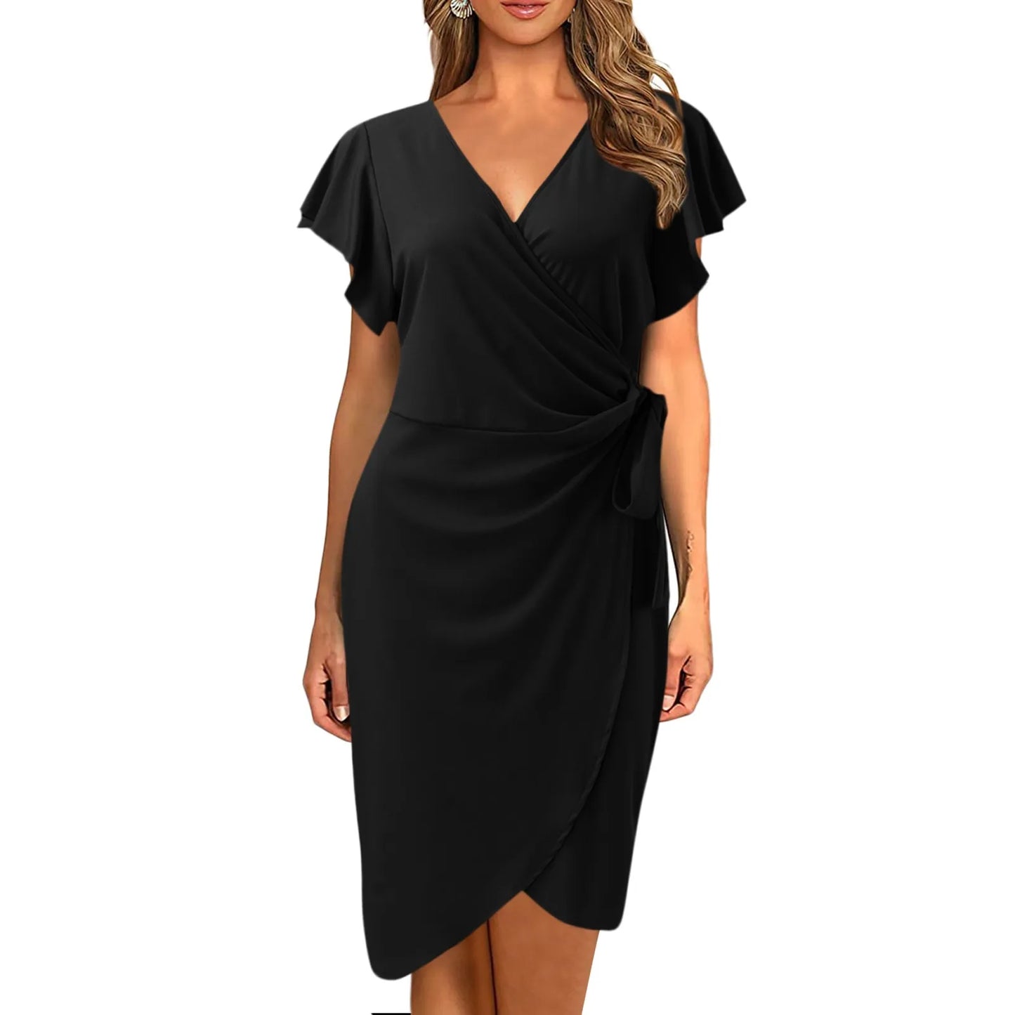 Summer Bodycon Dress Cocktail Faux Wrap Dresses Deep V Neck Ruffle Sleeve Ruched Party Work Formal Wedding Sexy Dress For Women