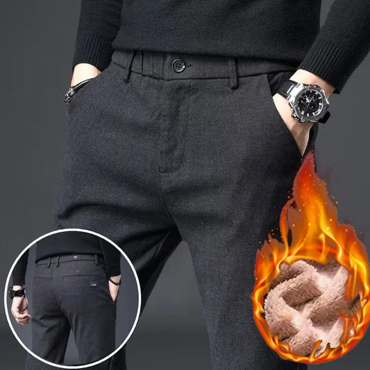 Otoño Invierno Hombre de alta calidad Marca Business Casual Pantalones Pierna Recta Pierna Estrecha Forro polar Cintura Elástica Térmica Pantalón Hombre